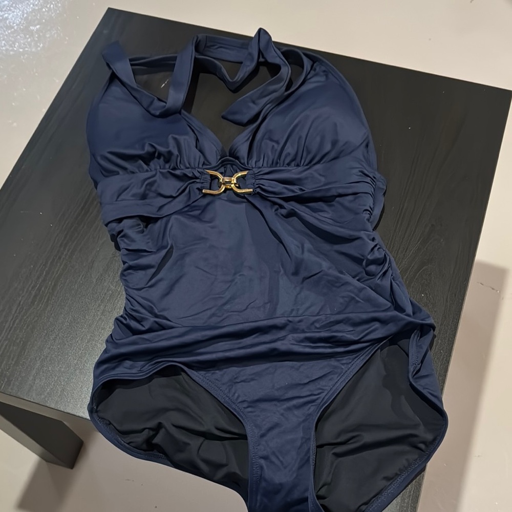 Michael Kors Navy Halter One-Piece Swimsuit with Gold Accent